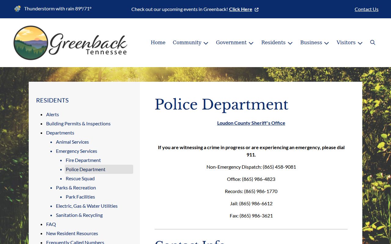 Greenback official page directing police matters to Loudon County Sheriff