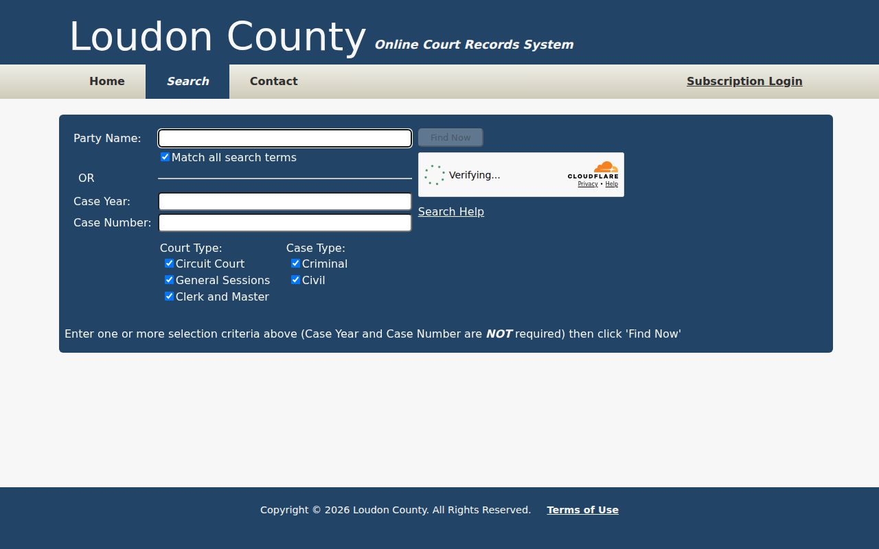 Loudon County criminal case search fields