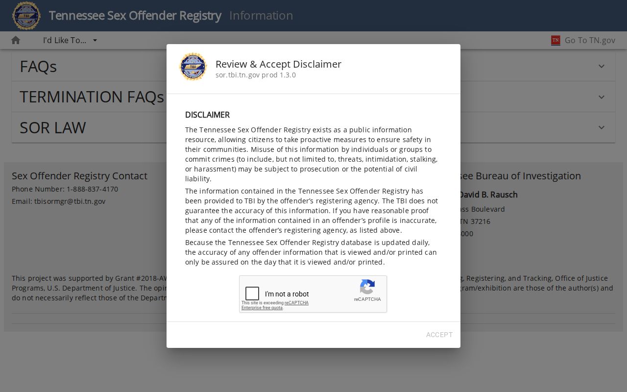 TBI registry information for Loudon County profile alerts and reporting